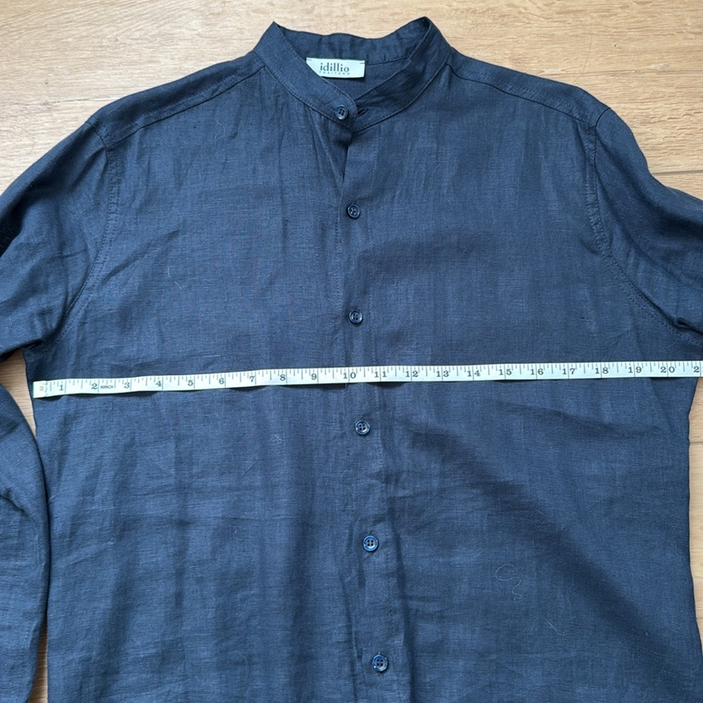 Dark Blue Linen Button-Down High Collared Shirt - image 3
